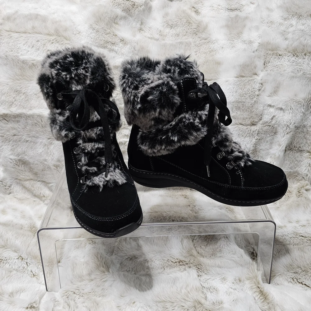 Aetrex Black Faux-Fur Lace-Up Winter Boots